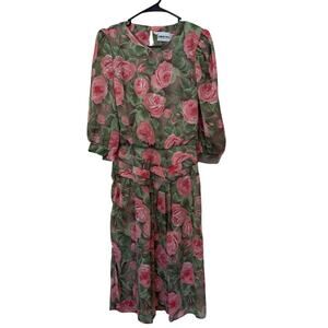 Vintage Caroline Wells Collection Rose Midi Dress Size 6 Tea Garden Party Floral